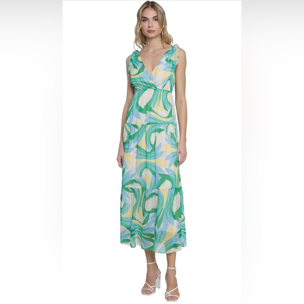 Donna Morgan Glitter Stripe Tiered Maxi with Shoulder Ties | Wedding Guest Dress